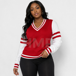 HMR Women Acrylic Sisterhood Women's Red White Contrast Color V Neck Long Sleeve Knitted Preppy Style <b>Cardigan</b> <b>Sweater</b> - Product Image 1