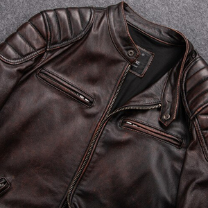 Men's Best Quality Original Cow Skin Leather Coated <b>Stand</b> Collar Vintage Design ODM Biker Style Genuine Leather Jacket - Product Image 6