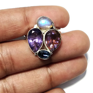 Natural Amethyst Moonstone Blue Kyanite 925 Sterling <b>Silver</b> Multi Gemstone Bohemia Style Third Party Certified <b>Statement</b> <b>Ring</b> - Product Image 3