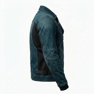 Blouson Moto Homme en Jean Délavé Bleu Pétrole avec Fermeture Éclair Asymétrique, Panneau en Maille Respirante et Boucle Ajustable - Product Image 3