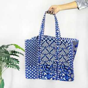 Cotton Quilted Bohemian Style Tote <b>Bag</b> Indian <b>Patchwork</b> Block Print Blue Fabric Shoulder Handbag for Women Summer Autumn Winter - Product Image 2
