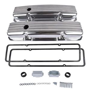 Retro 1958-1986 SBC Chevy 350 400 Short Valve <b>Covers</b> Polished Aluminum with Finned Design Cylinder <b>Head</b> Gaskets Compatible - Product Image 1