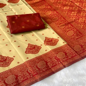 Sari en soie Banarasi indienne traditionnelle de luxe VASTRA COTTAGE avec bordure tissée jacquard et travail Butta, idéal pour les mariages et les occasions festives - Product Image 5