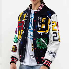 Veste universitaire personnalisée pour homme en laine et cuir chenille avec col montant et capuche rembourrée de duvet, design brodé style Letterman - Product Image 5