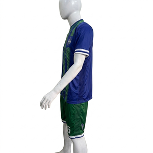 Maillot de football personnalisé sublimé pour homme, bleu et vert rayé, col en V, manches courtes, anti-humidité, coupe athlétique, uniforme adulte - Product Image 2