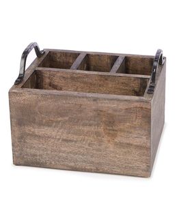 Porte-ustensiles de cuisine en bois avec poignée, 3 compartiments, style rustique, organisateur de couverts fait main - Product Image 5