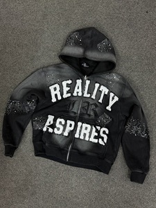 Sudadera con capucha y cremallera Blue Reality Aspires |   Sudadera con Capucha Decorada con Pedrería Estilo Urbano |   Fabricante de Moda Urbana con Etiqueta Privada OEM Personalizada - Product Image 5