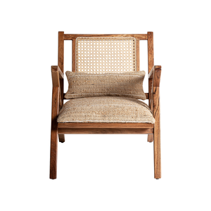 Fauteuil d'appoint moderne du milieu du siècle en teck massif avec panneaux en rotin tressé, siège rembourré confortable, mobilier de salon pour l'hôtellerie - Product Image 3