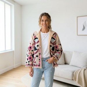 Heavy Embroidered Breathable <b>Quilted</b> Velvet Jacket Women Traditional Suzani Floral Thread Work Full Sleeve Open Front Winter - Product Image 1