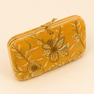 Yellow Velvet Embroidered Beading <b>Clutch</b> <b>Bag</b> Gold Sequin Floral Evening Purse Bird Clasp <b>Wedding</b> Party Handmade Fashion Satin - Product Image 1
