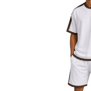 White Mens Oversized <b>T</b> <b>Shirt</b> And Shorts Set Brown Contrast Panels Custom Logo Crew Neck Casual Streetwear Wholesale Manufacturer - Product Image 3