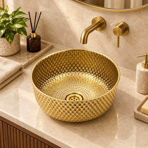 Lavabo de luxe en laiton martelé à pois, fait main, doré, à poser sur comptoir, pour salle de bain, hôtel, villa, décoration, sanitaires - Product Image 2