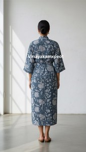 Elegante Bata Kimono de Algodón con Estampado Indigo, Hecha a Mano por Artesanos, con Diseño Floral de Jaipur, Cuello en V, Ecológica, Midi, de Cintura Alta para Mujer - Product Image 3