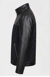 Veste en cuir noir matelassée pour homme, col montant, fermeture éclair, manches classiques - Product Image 5