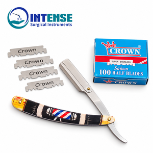 Rasoir droit professionnel pour barbier avec boîte de 100 demi-lames en acier inoxydable, shavette pliable - Product Image 1