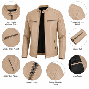 Veste en cuir décontractée pour homme avec coutures robustes, doublure douce, poches pratiques et finition soignée, idéale pour les matins et les soirées fraîches. - Product Image 6
