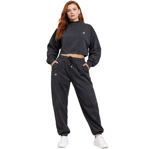 Conjunto de dos piezas OEM personalizado vintage con lavado ácido, top corto y sudadera con capucha para mujer, sudaderas al por mayor de algodón grueso para gimnasio - Product Image 1