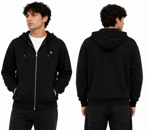 Sweat-shirt à capuche zippé noir pour homme, coupe classique, décontracté, couleur unie, en coton tricoté, pour l'automne, impression numérique, écologique - Product Image 3