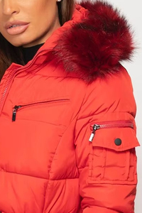 Women's Red <b>Quilted</b> Winter Jacket With Fur Hood Zipper Closure Full Sleeve Polyester Wadding <b>Thick</b> Puffer Coat - Product Image 6