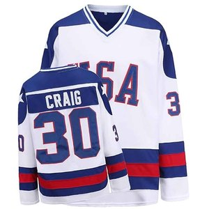 Camiseta de Hockey sobre Hielo de EE. UU. para Hombre, Blanca, Azul y Roja, Manga Larga, Cuello en V, Craig 30, Impresión Sublimada, Uniforme de Poliéster - Product Image 1
