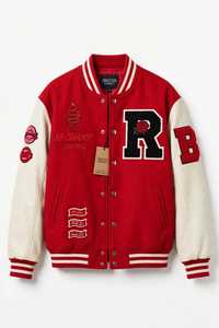 ONETEN APPARELS Men's Red Color Blocking Embroidered <b>Racer</b> <b>Jacket</b> Windproof Zipper Closure Stand Collar Sporty Style - Product Image 2