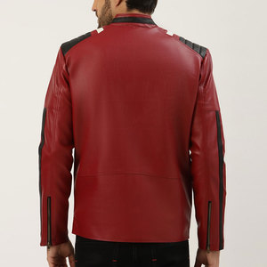 Men's <b>Red</b> PU Leather Moto <b>Jacket</b> Stand Collar Zipper Closure Regular Fit Solid Color Biker Style Autumn Wear - Product Image 2