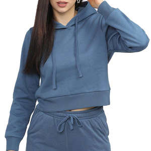 Sudadera con capucha corta azul para mujer, informal, de manga larga, con cordón ajustable - Product Image 1