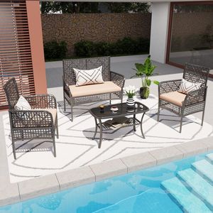 Set di Mobili da Giardino in 4 Pezzi, Sedie in Rattan PE con Tavolo in Vetro Temperato e Cuscini Morbidi - Product Image 2