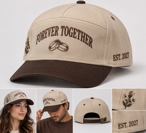 หมวกเบสบอลแต่งงานแบบกำหนดเอง 5 ชิ้น ผ้าฝ้ายทวิล สีเบจ-น้ำตาล ปักลาย Forever Together ของขวัญสำหรับเจ้าบ่าวเจ้าสาว - Product Image 6