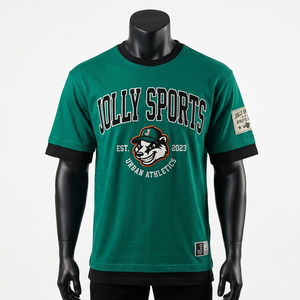 เสื้อยืดคอตตอนระบายอากาศได้ดี 220 GSM สีเขียว แต่งลายปักแบบซ้อนทับ พิมพ์โลโก้ตามสั่ง เสื้อยืดแขนสองชั้นสำหรับผู้ชาย - Product Image 1