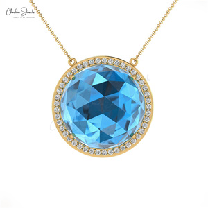 Collier de pierres précieuses solitaire 17 Cts Collier de déclaration de topaze bleue suisse en or 14k Collier fait main en diamant G-H Fournisseur en gros - Product Image 1