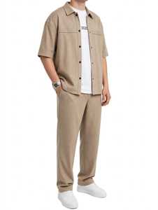 Conjunto Deportivo Casual de Verano 2 en 1 para Hombre, Camisa Ligera de Manga Corta a Rayas Beige de Algodón y Pantalones Largos - Product Image 1