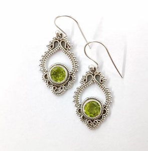 Handmade Vintage Style <b>Silver</b> 925 Peridot <b>Earrings</b> - Round Gemstone Designer Frame Dangle <b>Drop</b> for Engagement Wedding Party Wear - Product Image 2