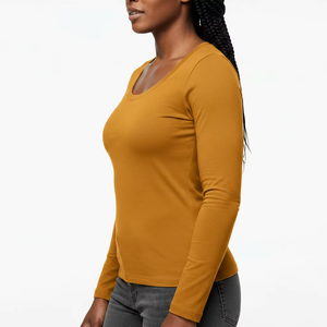 T-shirt en tricot à manches longues et col rond jaune moutarde pour femme, décontracté, respirant, couleur unie, produit le plus vendu - Product Image 4