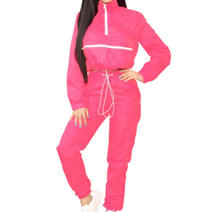 Women's Pink 2-Piece Sporty Casual <b>Shorts</b> Set Full Sleeve Knitted Spandex/Cotton <b>Crop</b> <b>Top</b> Zipper Matching Pants Winter Wear - Product Image 1