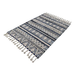 Handwoven 9x12 Blue Beige Flatweave <b>Rug</b> with Raised <b>Tufted</b> Geometric Stripes and Fringe for Hallway - Product Image 1