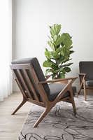 Canapé 1 place de luxe en bois courbé, structure sculpturale avec accoudoirs en Z, pieds coniques en bois massif, rembourrage en mousse, tissu, style lounge moderne du milieu du siècle