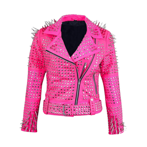 Pink Leather Punk Style Motorcycle Jacket Rivets <b>Spikes</b> Turn-down <b>Collar</b> Zipper Closure Slim Fit Regular Length Unisex Hooded - Product Image 1