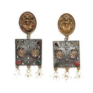 Pendientes Colgantes de Ganesh con Bisel de Ónix Bicolor Étnico de Latón Plateado Antiguo para Mujer, Regalo para Fiesta - Product Image 2