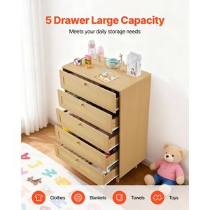 Cómoda Moderna de Ratán con 5 Cajones, Tiradores de Metal, Patas de Madera, Almacenamiento Natural para Ropa en el Dormitorio, Sala de Estar o Pasillo - Product Image 2