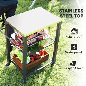 Carrello per Barbecue da Esterno a 3 Ripiani con Piano in Acciaio Inox, Tavolo Mobile per Forno Pizza con Ganci, Maniglia Laterale e Ruote - Product Image 4