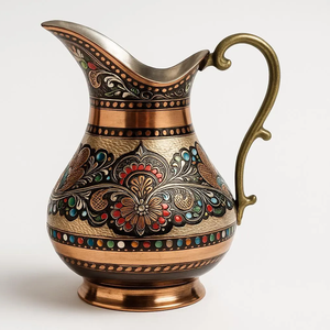 Elegant made in India dual tone <b>copper</b> pitcher with floral engraving and vintage <b>handles</b>, available at wholesale prices. - Product Image 4