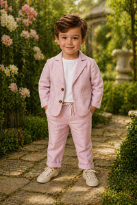 Ensemble de costume en lin rose clair pour garçons – Veste décontractée et pantalon à cordon de serrage pour mariages, fêtes et événements estivaux - Product Image 1