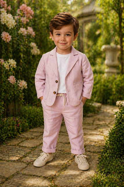 Custom Boys Light Pink Linen Suit Set – Casual Blazer Jacket & Drawstring Pants Outfit for Weddings, Parties & Summer Events