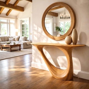 Meuble d'entrée moderne pour maison/hôtel, console en bois massif brun, base irrégulière en forme de vague, plateau noir artisanal - Product Image 5