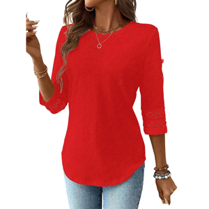 <b>Red</b> Lace Trim <b>Blouse</b> <b>Women</b> Three Quarter Sleeve Round Neck Solid Color Pullover Shirt for Daily Wear - Product Image 3
