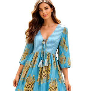 Vestido Midi con Estampado de Rayas Azules para Mujer, Cuello Profundo con Lazos, Estilo Bohemio, Ropa Casual de Verano - Product Image 1