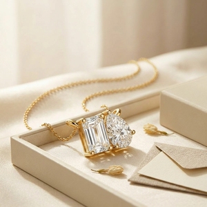 Two Stone Solitaire Pendent Yellow Gold <b>Emerald</b> And Pear Cut Lab Grown Diamonds Everyday Wear <b>Pendant</b> Necklace - Product Image 2