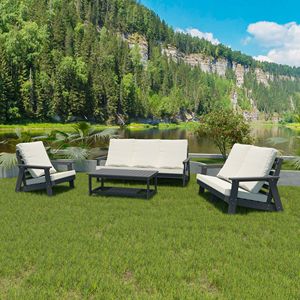 Sofá de Jardín HIPS con Cojín, Diseño de Madera en Gris/Beige, para Terraza, Piscina, Patio - Product Image 6