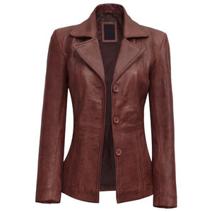 Women Cognac Brown Wax Three Button <b>Leather</b> <b>Blazer</b> Top Sell Factory Wholesale 2026 - Product Image 6
